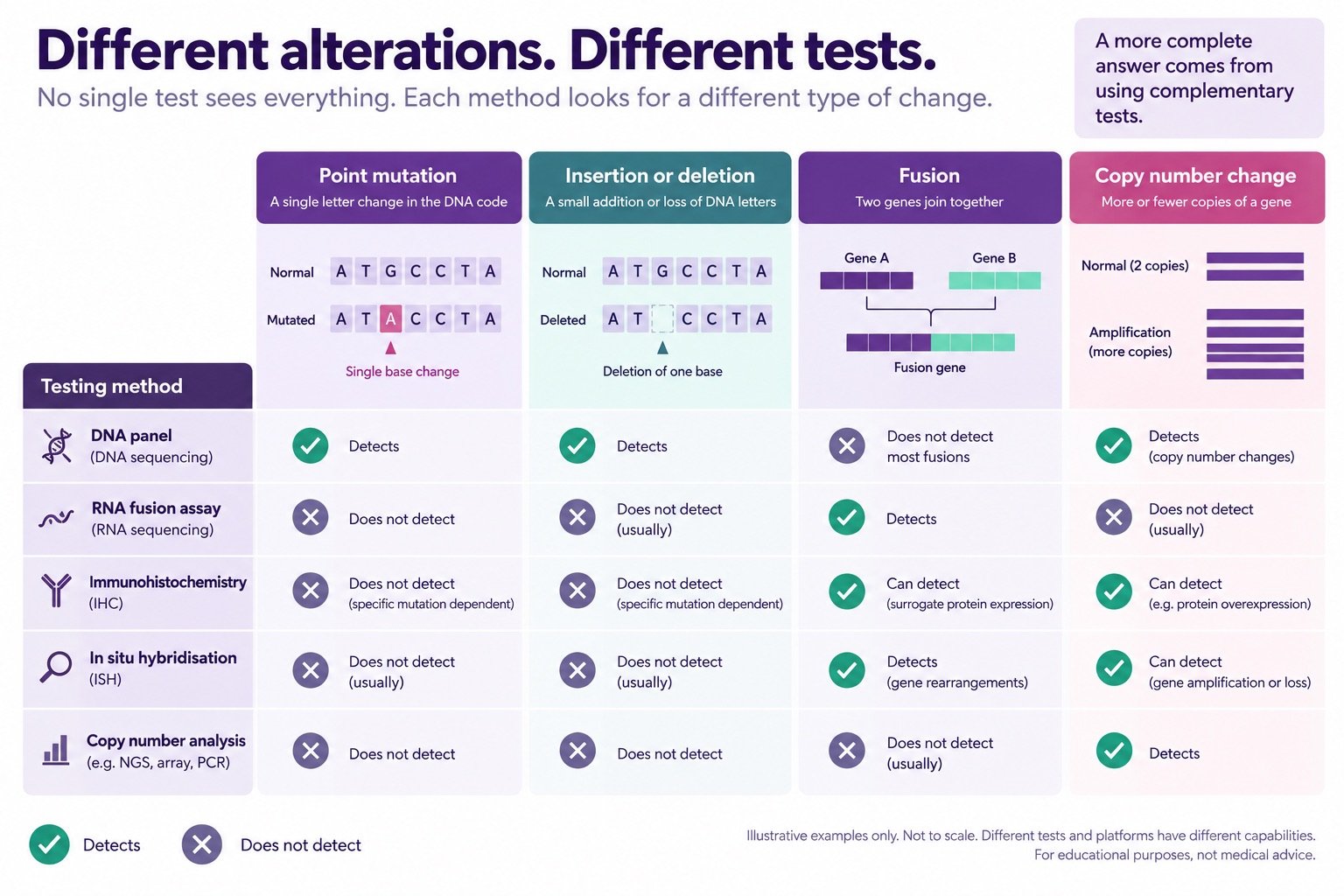 A grid of four alteration types, point mutation, insertion or deletion, fusion and copy number change, against five testing methods, showing which method detects which.