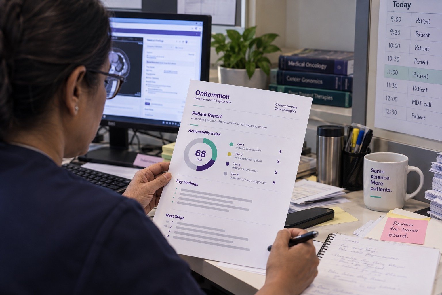 An oncologist reading page one of an OnKommon report at their desk between patients.