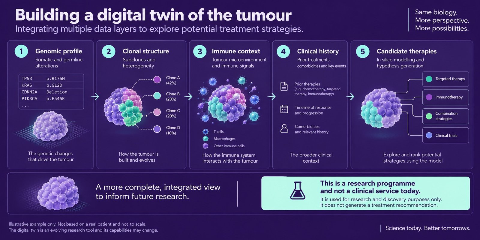 A motion graphic building a computational model of a tumour layer by layer, then simulating candidate therapies against it.