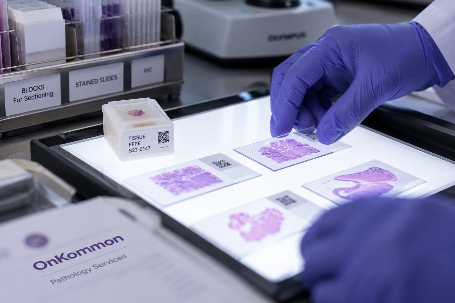 A gloved hand placing a stained tissue slide on a light box beside a labelled paraffin block.