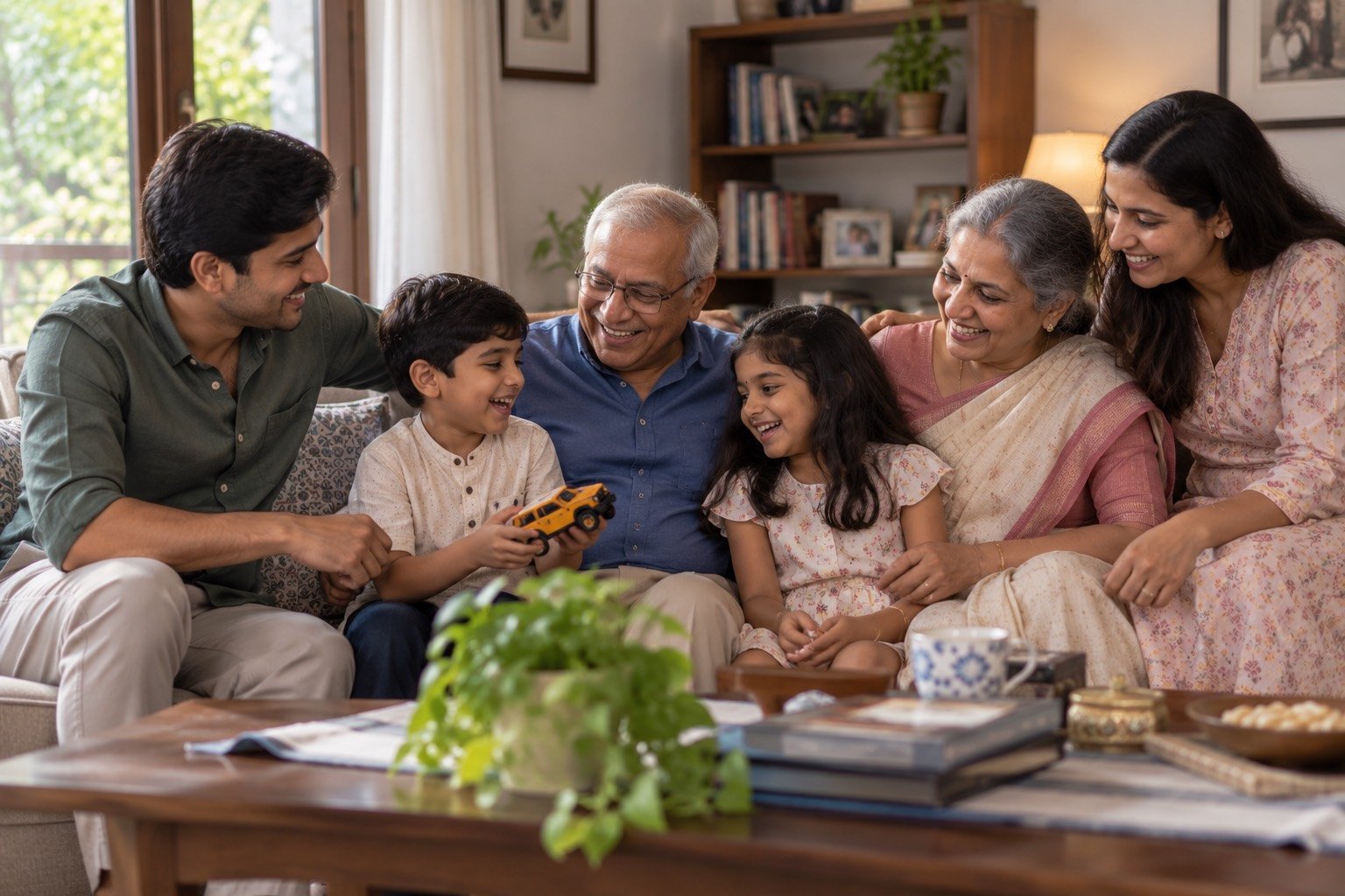 Three generations of a family together at home.