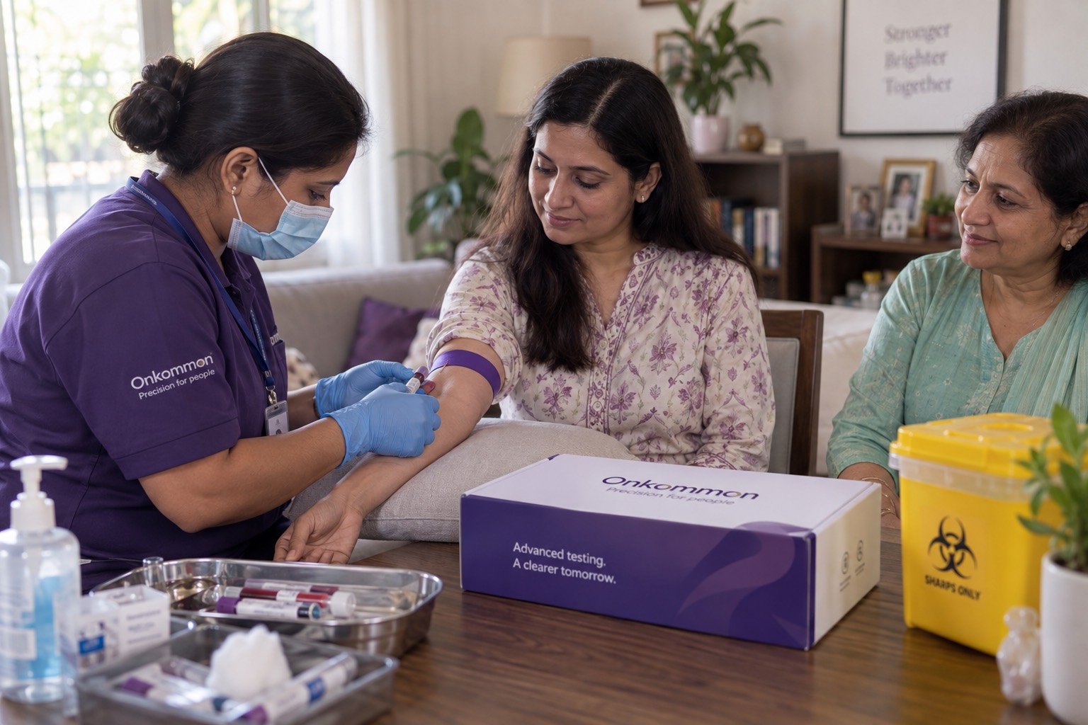 A phlebotomist taking a blood sample from a seated patient at home, with the collection kit on the table beside them.