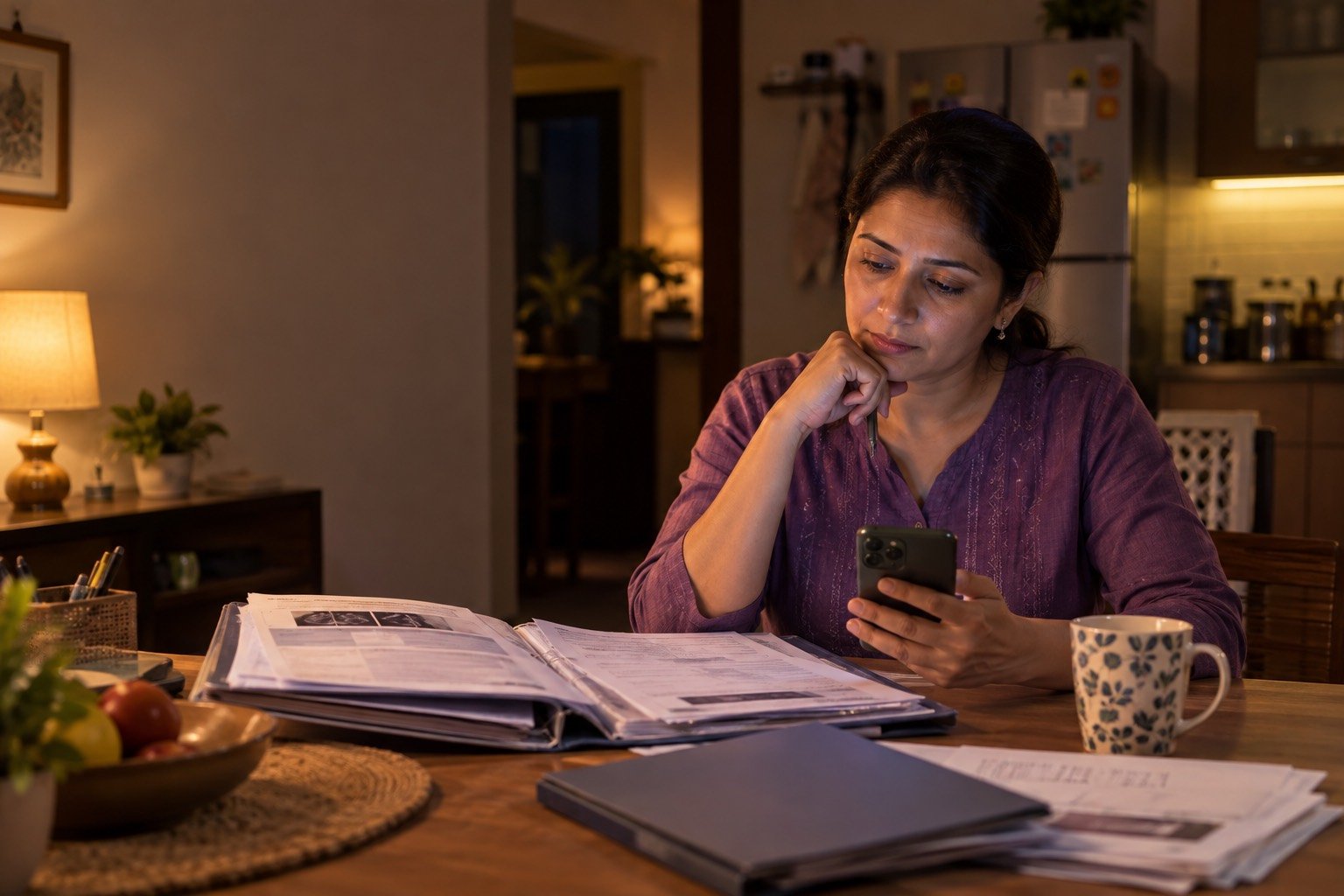 Someone sitting at a kitchen table in the evening with a folder of medical reports open in front of them and a phone in their hand.