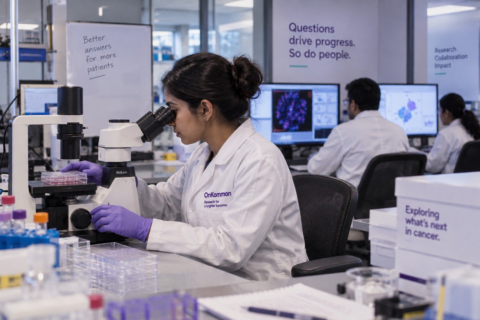 A researcher at work in the OnKommon laboratory, with analysis on screens behind them.